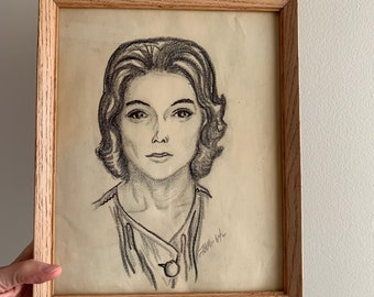 Vintage signed,charcoal sketch, portrait of a woman, 1960s