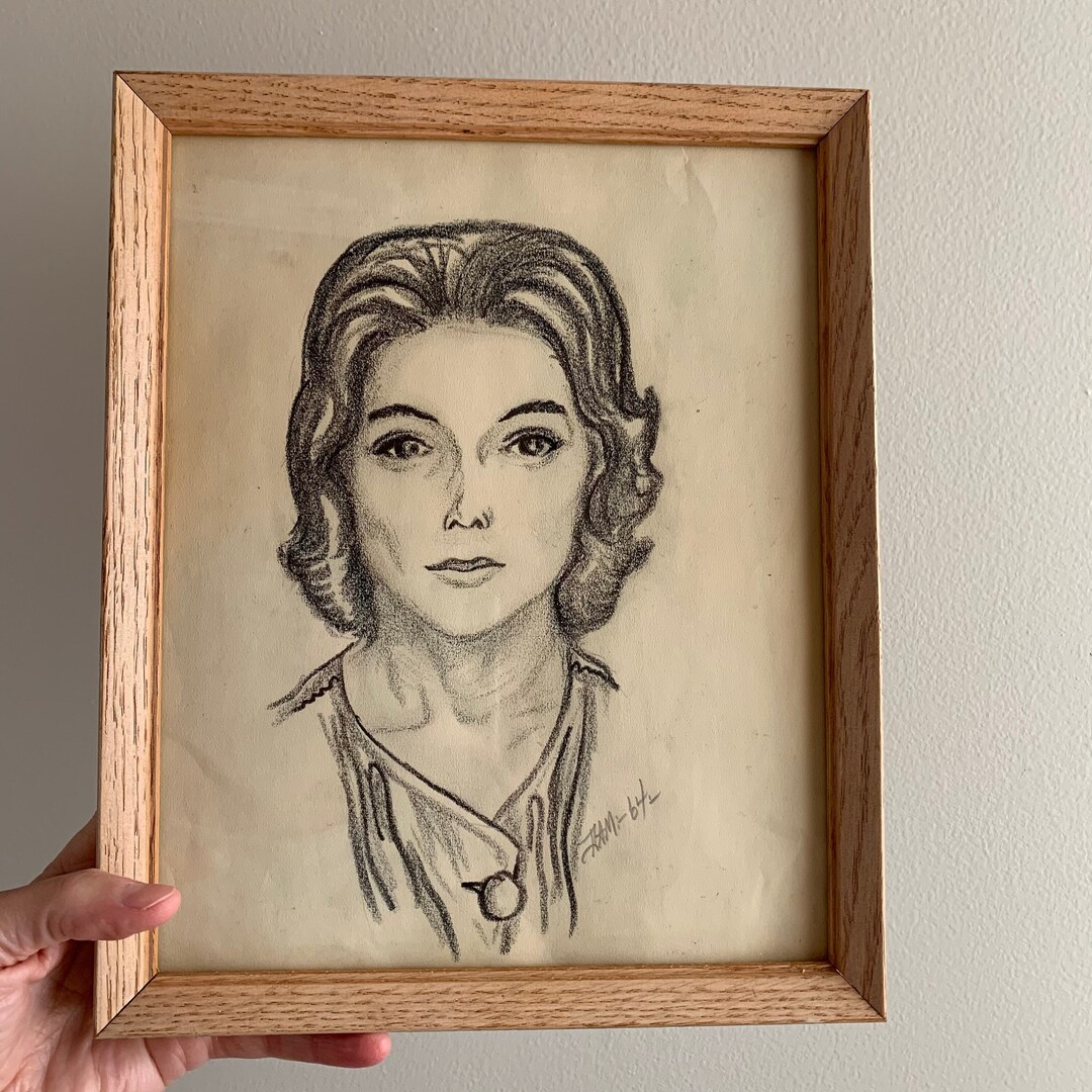 Vintage Signedcharcoal Sketch Portrait of a Woman 1960s Etsy