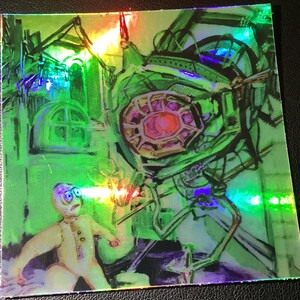 May include: A holographic print featuring a surreal scene with a frightened figure facing a large, mechanical structure. The artwork uses green, purple, and yellow hues, creating a vibrant and otherworldly aesthetic. The style is reminiscent of science fiction or fantasy art.