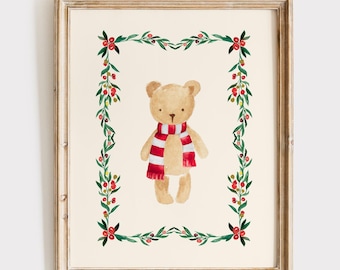 Christmas Teddy Bear Print, Cute Christmas Printable, Teddy Bear with Winter Scarf Print, Sweet Teddy Bear Christmas Print, Candy Cane Print