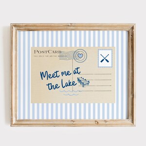 Meet Me At The Lake Postcard Print, Lake House Postcard Printable, Blue Lake House Wall Art, Meet Me At The Lake Postcard Vacation House Art
