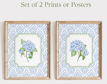 Set of 2 Blue Hydrangea Prints, Blue Dorm Decor Hydrangea Poster Set, Grand Millennial Wall Art Prints, College Dorm Decor Hydrangea Print