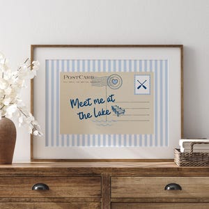 Meet Me At The Lake Postcard Print, Lake House Postcard Print, Blue Lake House Wall Art, Meet Me At The Lake Postcard Vacation House Art