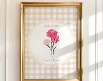 Birth Month Flower January, Carnation Birth Flower Print, Birth Month Flower Printable, Vintage Style Birth Flower Carnation Printable Art