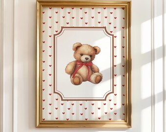 Valentine's Day Teddy Bear Art Print, Vintage Teddy Bear Printable, Happy Valentine's Art Print, College Dorm Decor Print, Nursery Wall Art