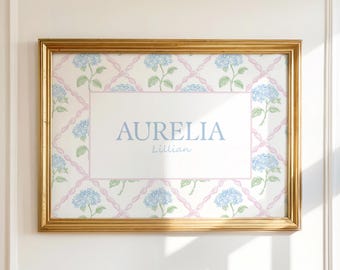 Watercolor Monogram Print, Baby Name Wall Art, Baby Name Nursery Wall Art, Grandmillennial Nursery Wall Art, Baby Girl Nursery,Hydrangea Art