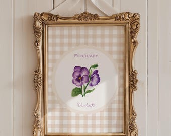 Geburtsmonat Blume Februar, violetter Geburtsblumendruck, Geburtsmonatblume druckbare, Vintage-Stil Geburtsblume violette Blume druckbare Kunst