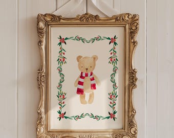 Christmas Teddy Bear Print, Cute Christmas Art Print, Teddy Bear with Winter Scarf Print, Sweet Teddy Bear Christmas Print, Candy Cane Print
