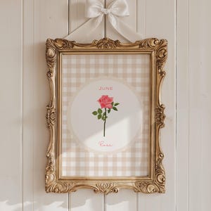 May include: A framed print featuring a pink rose illustration, labeled "June" and "Rose." The print is set against a beige gingham pattern and framed in an ornate gold frame, suspended by a white bow.
