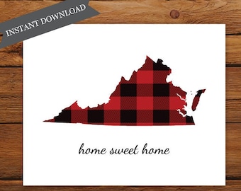 Printable Virginia State Map, Home Sweet Home Virginia State Map Print, Buffalo Plaid Art Print, Christmas Art, Fall Home Decor