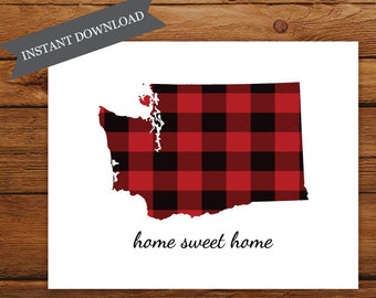 Printable Washington State Map, Home Sweet Home Washington State Map Print, Buffalo Plaid Art Print, Christmas Art, Fall Home Decor