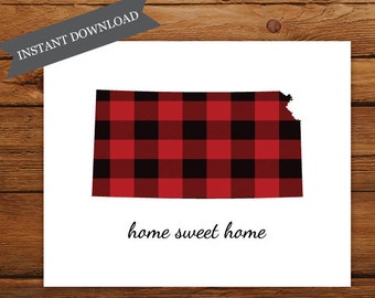 Printable Kansas State Map, Home Sweet Home Kansas State Map Print, Buffalo Plaid Art Print, Christmas Art, Fall Home Decor