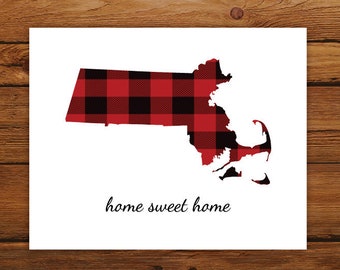 Home Sweet Home Massachusetts Map Print, Massachusetts State Map Print, Buffalo Plaid Art Print, Christmas Art Decor, Fall Home Decor