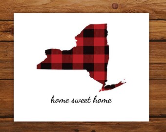 Home Sweet Home New York Map Print, New York State Map Print, Buffalo Plaid Art Print, Christmas Art Decor, Fall Home Decor