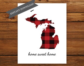 Printable Michigan State Map, Home Sweet Home Michigan State Map Print, Buffalo Plaid Art Print, Christmas Art, Fall Home Decor