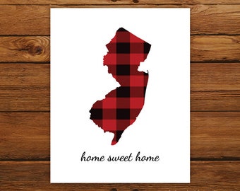 Home Sweet Home New Jersey Map Print, New Jersey State Map Print, Buffalo Plaid Art Print, Christmas Art Decor, Fall Home Decor