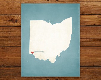 Customized Ohio State Art Print, State Map, Heart, Silhouette, Aged-Look Personalized Print