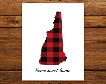 Home Sweet Home New Hampshire Map Print, New Hampshire State Map Print, Buffalo Plaid Art Print, Christmas Art Decor, Fall Home Decor