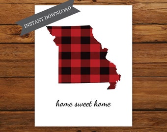 Printable Missouri State Map, Home Sweet Home Missouri State Map Print, Buffalo Plaid Art Print, Christmas Art, Fall Home Decor