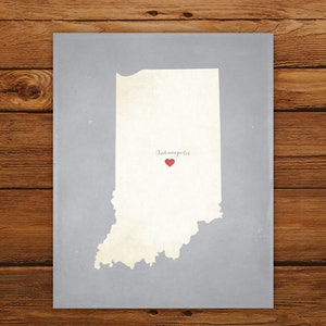 Customized Indiana State Art Print, State Map, Heart, Silhouette, Aged-Look Personalized Print image 1