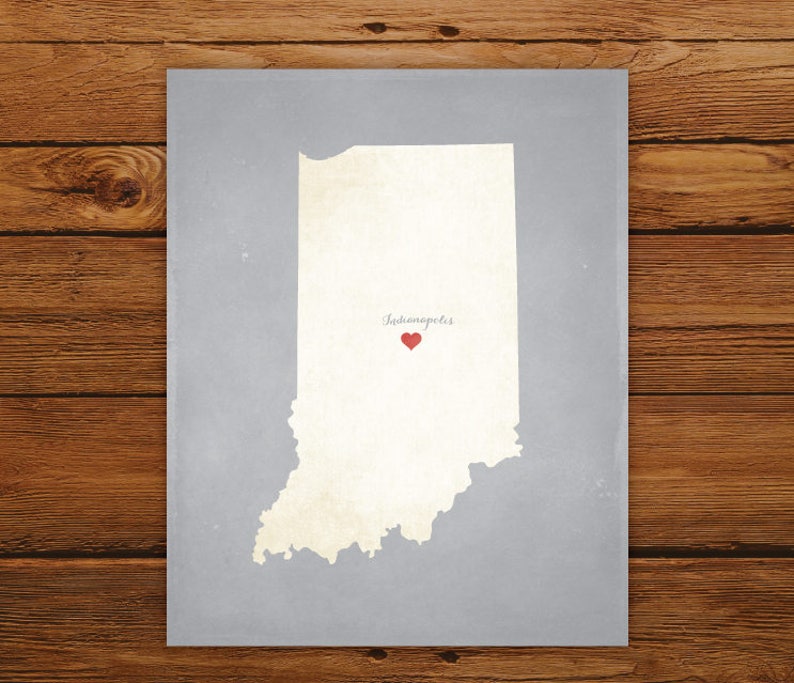 Customized Indiana State Art Print, State Map, Heart, Silhouette, Aged-Look Personalized Print image 1