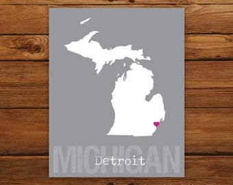 Custom Michigan, Personalized State Print, State Love, State Map, Country, Heart, Silhouette, 8 x 10 Wall Art Print