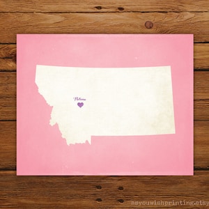 Customized Montana 8 x 10 State Art Print, State Map, Heart, Silhouette, Aged-Look Print