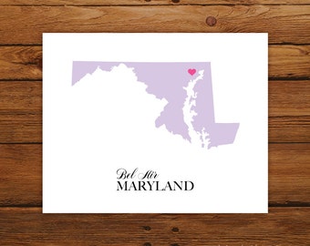 Maryland State Love Map Silhouette 8x10 Print - Customized