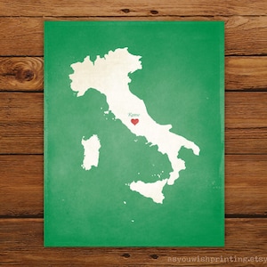 Customized Italy 8 x 10 Country Art Print, Country Map, Heart, Silhouette, Aged-Look Print