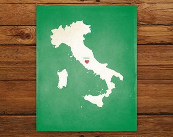 Customized Italy 8 x 10 Country Art Print, Country Map, Heart, Silhouette, Aged-Look Print