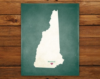 Customized New Hampshire State Art Print, State Map, Heart, Silhouette, Aged-Look Personalized Print