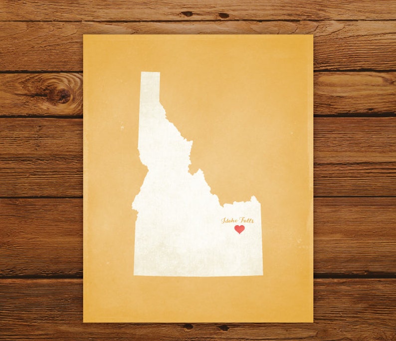 Customized Idaho State Art Print, State Map, Heart, Silhouette, Aged-Look Personalized Print image 1