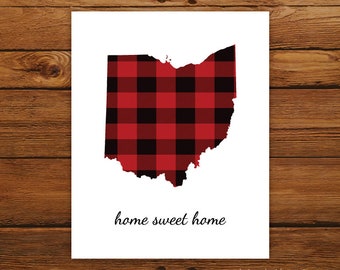 Home Sweet Home Ohio Map Print, Ohio State Map Print, Buffalo Plaid Art Print, Christmas Art Decor, Fall Home Decor