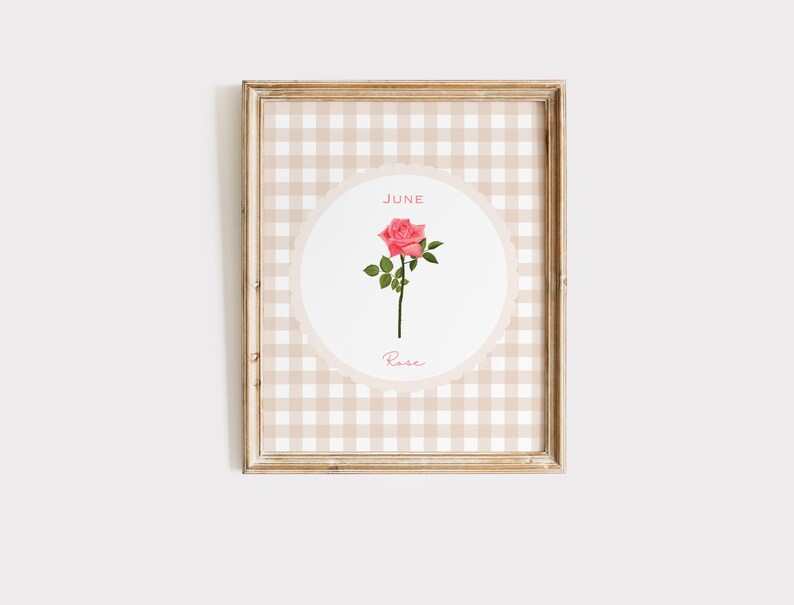 May include: Framed print featuring a pink rose illustration. The artwork is set against a beige and white gingham pattern. The word "June" is above the rose, and "Rose" is written below. The frame is a light brown color.