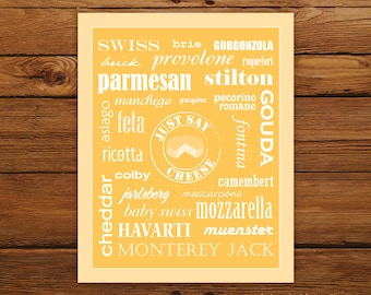 Kitchen Art Just Say Cheese 8x10" Poster - Cheddar Typography