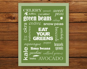 Kitchen Art Eat Your Greens Poster - Zucchini Green Typography