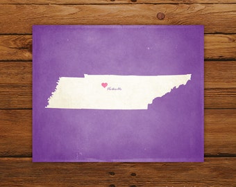 Customized Tennessee 8 x 10 State Art Print, State Map, Heart, Silhouette, Aged-Look Print