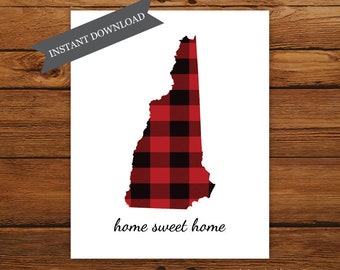 Printable New Hampshire State Map, Home Sweet Home New Hampshire State Map Print, Buffalo Plaid Art Print, Christmas Art, Fall Home Decor