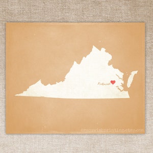 Customized Virginia 8 x 10 State Art Print, State Map, Heart, Silhouette, Aged-Look Print image 2