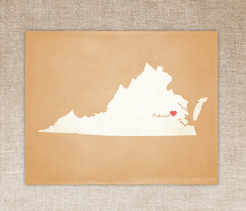 Customized Virginia 8 x 10 State Art Print, State Map, Heart, Silhouette, Aged-Look Print image 2