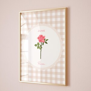 May include: Framed print featuring a pink rose illustration. The artwork is set against a beige and white gingham pattern, with the words "June" and "Rose" displayed. The frame is gold.