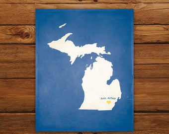 Customized Michigan State Art Print, State Map, Heart, Silhouette, Aged-Look Personalized Print