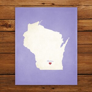 Customized Wisconsin State Art Print, State Map, Heart, Silhouette, Aged-Look Personalized Print