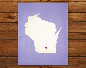 Customized Wisconsin State Art Print, State Map, Heart, Silhouette, Aged-Look Personalized Print