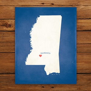 Customized Mississippi State Art Print, State Map, Heart, Silhouette, Aged-Look Personalized Print