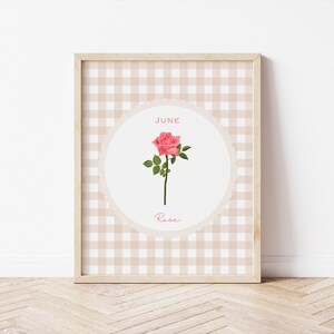 May include: A framed print featuring a pink rose illustration. The artwork includes the word "June" and "Rose" in script. The background has a beige and white gingham pattern.