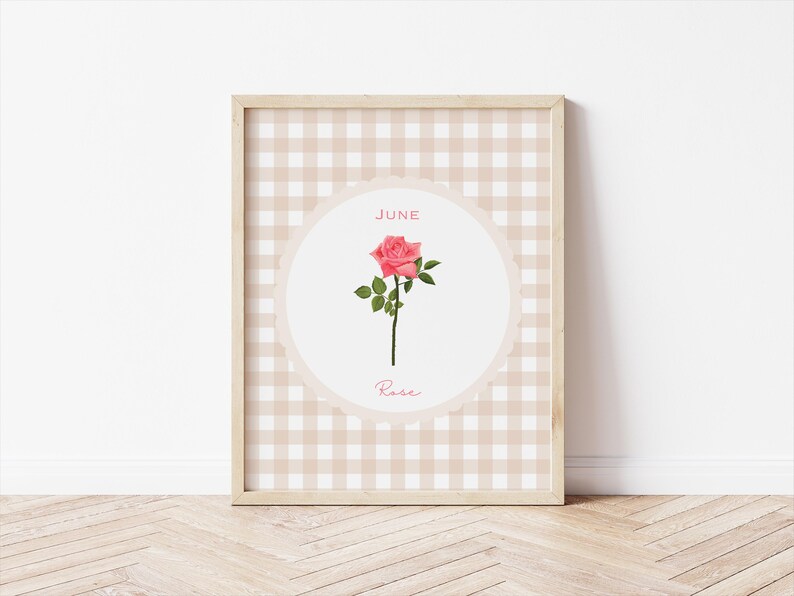May include: A framed print featuring a pink rose illustration. The artwork includes the word "June" and "Rose" in script. The background has a beige and white gingham pattern.