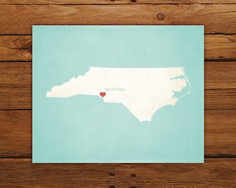 Customized North Carolina 8 x 10 State Art Print, State Map, Heart, Silhouette, Aged-Look Print