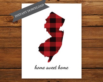 Printable New Jersey State Map, Home Sweet Home New Jersey State Map Print, Buffalo Plaid Art Print, Christmas Art, Fall Home Decor