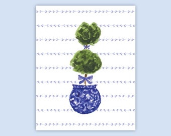 Grand Millenial Chinoiserie Topiary With Bows Traditional Wall Art Print in Blue and White